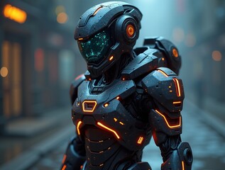 Naklejka premium A futuristic warrior with cybernetic enhancements, glowing robotic armor, and a visor displaying complex data