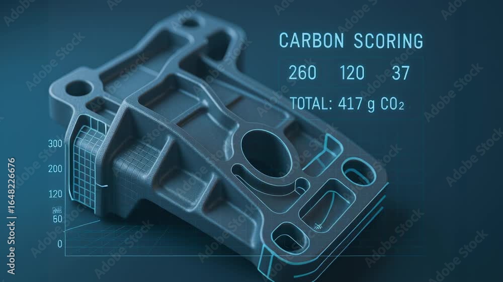 Poster carbon scoring sustainable engineering work concept analyzing metal mechanical part design reducing 