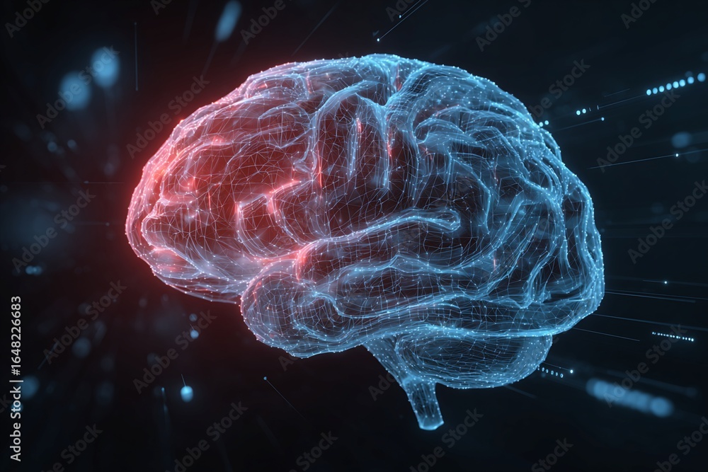 Poster 3d rendered brain with glowing neural connections and data points in a dark background
