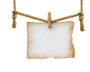 Old paper sheet hanging on thick rope with wooden clothespin, isolated on transparent background, vintage style, blank sign for message or announcement, rustic and nostalgic mood