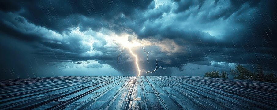 Dramatic storm with heavy rain and a bright lightning bolt striking under dark turbulent clouds over a wet metallic rooftop