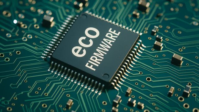 Eco firmware microchip green circuit board highlights sustainable electronic technology and innovative engineering for advanced technology development