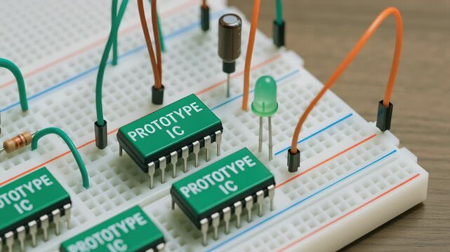 Prototype integrated circuit electronic component breadboard with resistor capacitor wires LED for sustainable engineering testing development