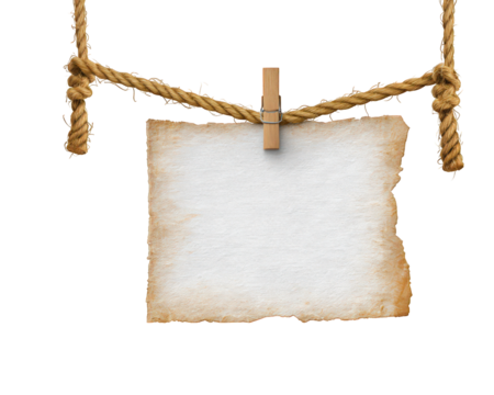 Old paper sheet hanging on thick rope with wooden clothespin, isolated on transparent background, vintage style, blank sign for message or announcement, rustic and nostalgic mood