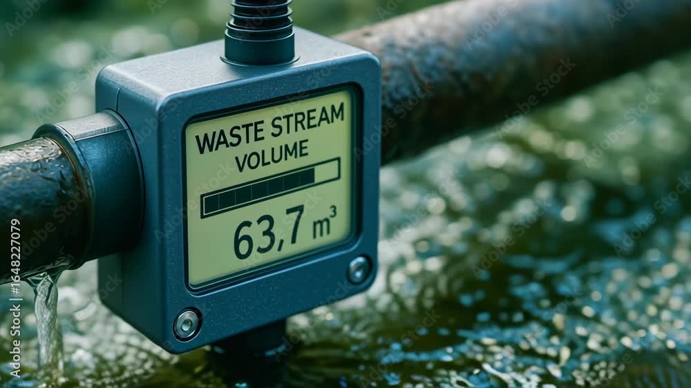 Poster waste stream volume meter attached to pipe measuring liquid flow for sustainable engineering work en