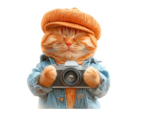 Funny cat wearing orange hat and denim jacket holding camera, isolated on transparency background, cheerful expression, adorable pet, creative animal photography concept