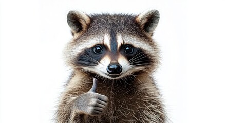 Obraz premium Close-up of a raccoon giving a thumbs up with an expressive and cute face on a white background