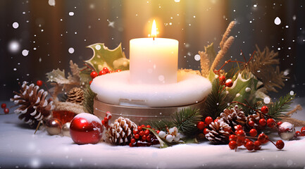 christmas decoration with candle and decorations, Red christmas candles burning brightly adorned with pine branches and festive ornaments set against a magical bokeh backdrop
