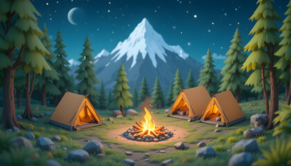 A cozy camping scene with a campfire under the moonlight and starry sky