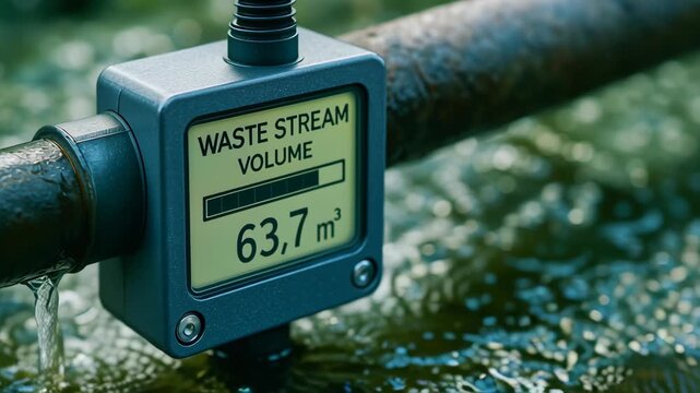 Waste stream volume meter attached to pipe measuring liquid flow for sustainable engineering work environment with focus industrial process control
