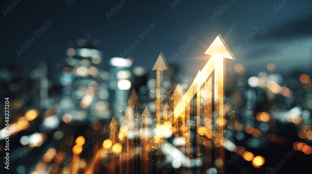 Poster dynamic graph representing business growth and success in urban nightscape with blurred background