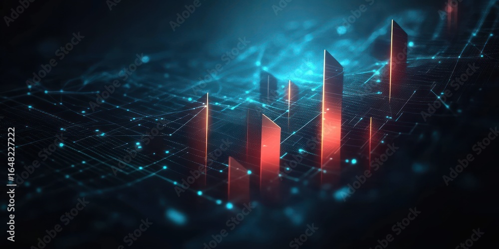 Poster glowing digital bars rising on a futuristic blue and black grid network representing data flow and t