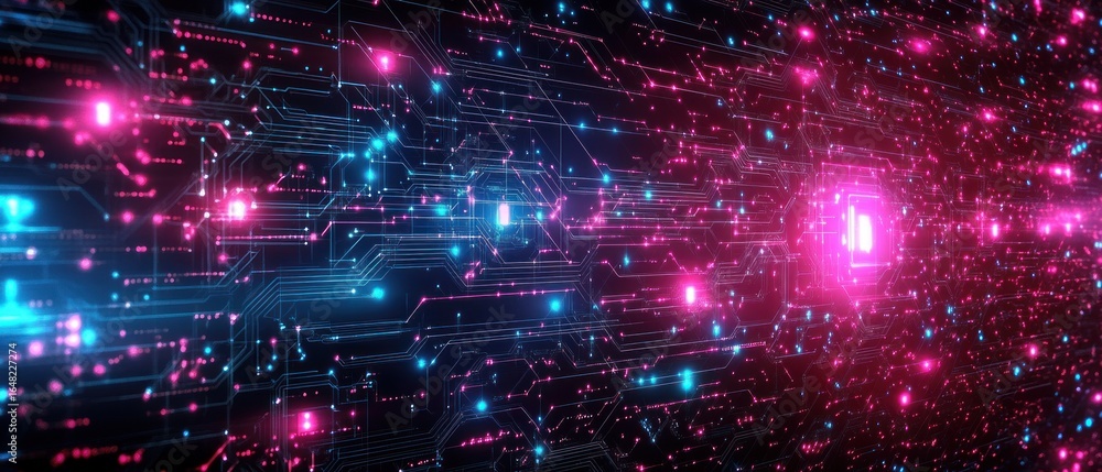 Poster glowing interconnected circuit board with bright blue and pink lights creating a futuristic digital 