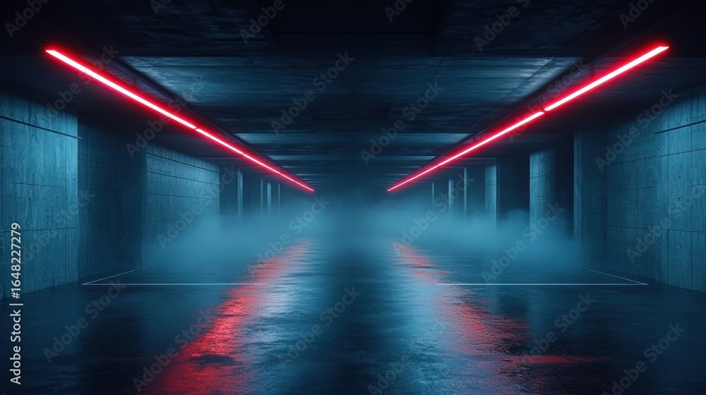 Poster dark empty concrete corridor with glowing red neon lights and mist creating a futuristic and mysteri