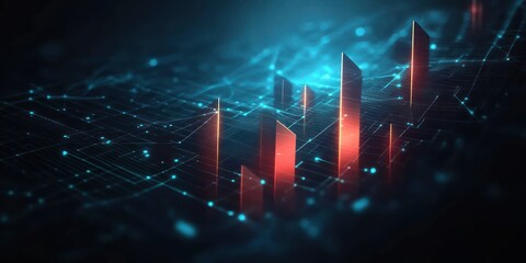 Glowing digital bars rising on a futuristic blue and black grid network representing data flow and technology advancement