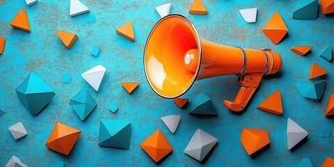 Close-up of an orange megaphone surrounded by floating 3D geometric shapes in orange, blue, and white on a textured blue background, evoking attention and communication