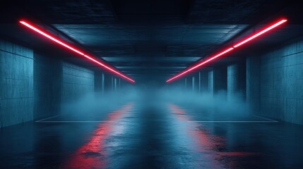 Dark empty concrete corridor with glowing red neon lights and mist creating a futuristic and mysterious atmosphere