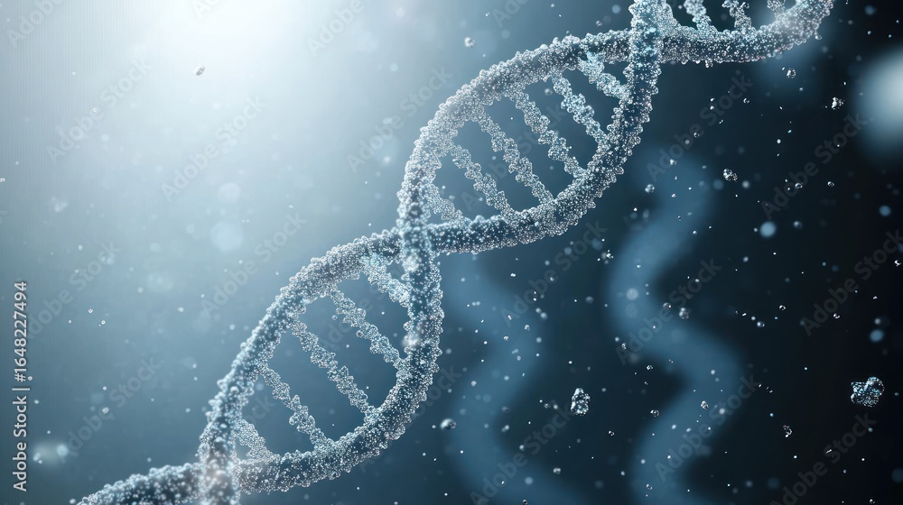 Poster close-up view of a translucent dna double helix structure floating in a glowing, misty blue environm