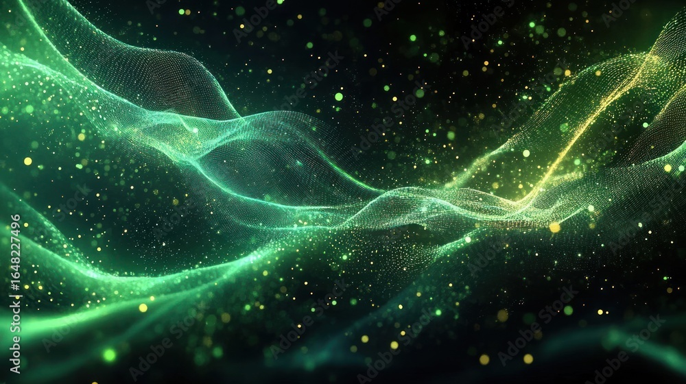 Poster abstract glowing green and yellow particles swirling with wavy translucent mesh on dark background c