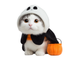 Adorable black and white cat wearing ghost costume with pumpkin bucket, Halloween theme, cute pet, festive mood, isolated on transparency background