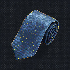 Blue tie with gold dots, rolled, isolated on transparent background
