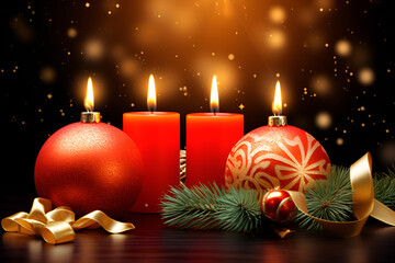 christmas background with candles and balls, Christmas closeup empty table background

