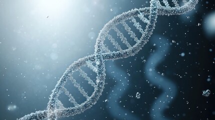 Close-up view of a translucent DNA double helix structure floating in a glowing, misty blue environment with scattered particles