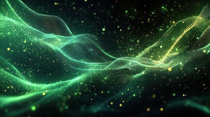 Abstract glowing green and yellow particles swirling with wavy translucent mesh on dark background creating a dynamic and futuristic atmosphere