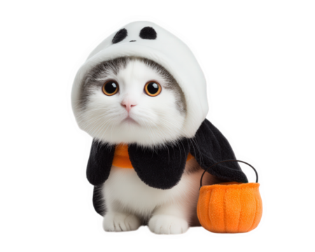 Adorable black and white cat wearing ghost costume with pumpkin bucket, Halloween theme, cute pet, festive mood, isolated on transparency background