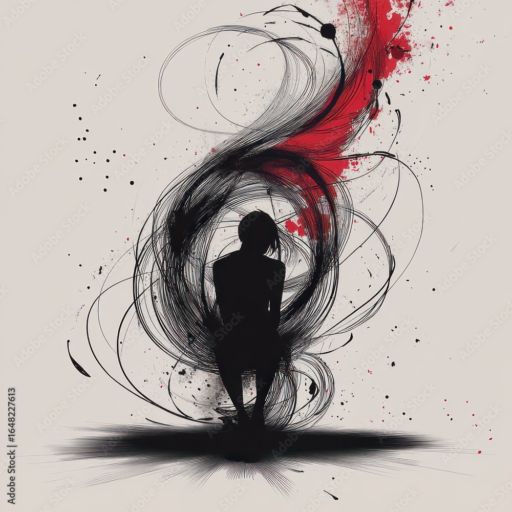 Poster silhouette of a person sitting surrounded by dynamic black swirls and red splatters creating a chaot