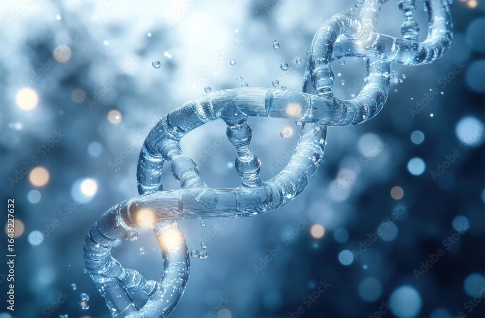 Poster close-up view of a shiny translucent double helix dna strand surrounded by floating water droplets a