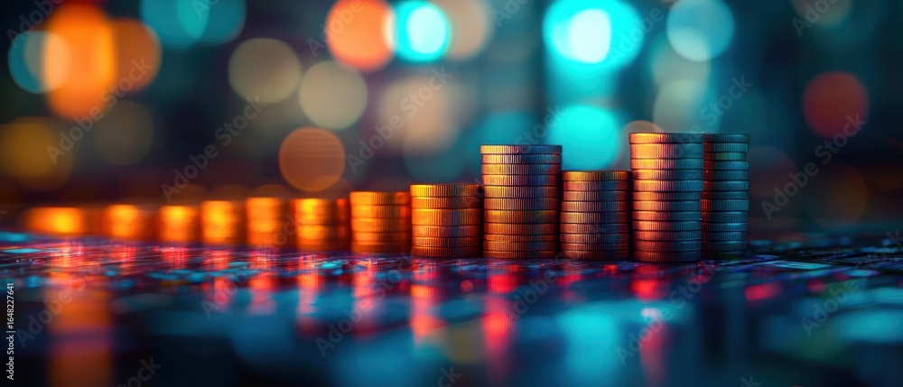 Poster stacks of coins arranged in ascending order on a reflective surface with colorful bokeh lights in th