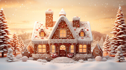 christmas tree with candles and snow, Christmas gingerbread house and christmas lights on wooden table, 
