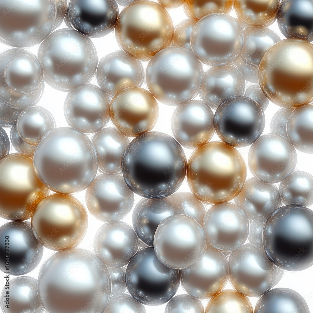 Poster cluster of reflective glossy spheres in metallic gold, silver, black, and white colors creating a sm