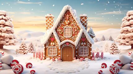 christmas gingerbread house with snow,Christmas setting in warm atmosphere, There is a small house with a lot of snow on it generative ai

