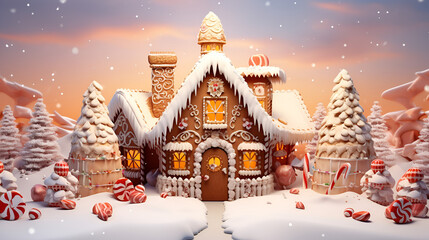 christmas tree in the snow, Gingerbread house in snowy christmas wonderland generative ai
