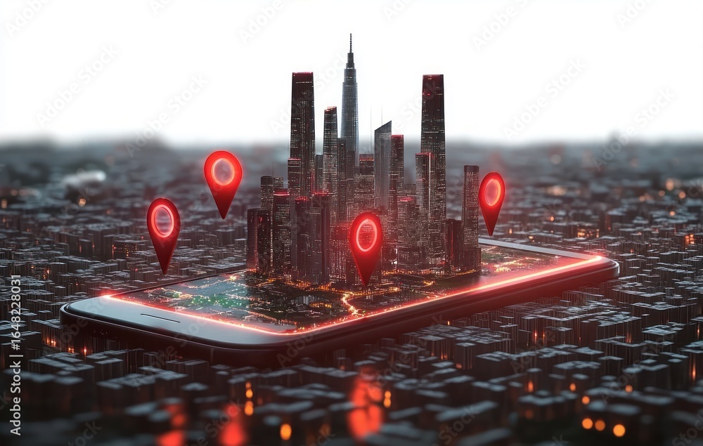 Poster futuristic cityscape with tall skyscrapers emerging from a smartphone screen with glowing red locati