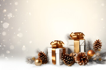 christmas background with gift boxes and christmas tree, A christmas gift with a gold ribbon and lights
