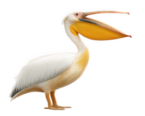 Pelican open mouth isolated transparency background large bird long beak standing wildlife detailed feather texture expressive nature animal side view