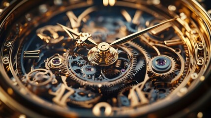 Close-up of an intricate luxury mechanical watch with visible gears, Roman numerals, and golden hands under warm lighting