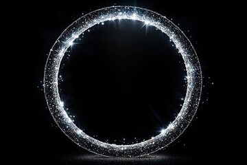 Shining circular ring made of sparkling silver glitter against a black background creating a glowing halo effect