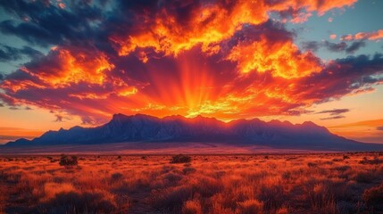 Vibrant fiery orange and red sunset casting dramatic light over silhouetted mountain range and dry grassy plain under colorful partly cloudy sky