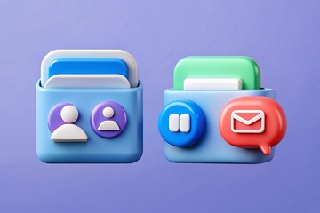 Modern 3d icons for contacts navigation and messaging on a purple background