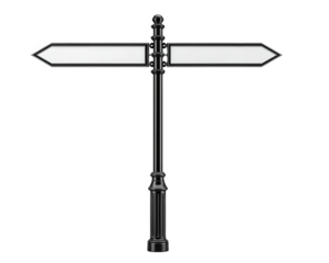 Blank metal street sign on black pole, isolated on transparency background, with two empty directional arrows, urban object, simple and clean design, ready for custom text, concept of direction