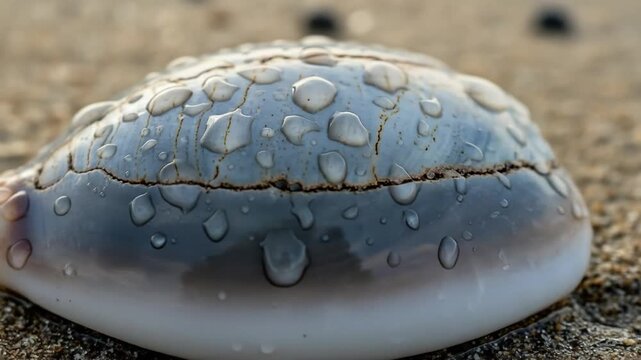 Macro Shot of Cowrie Shell on Beach with Water Droplets and Sandy Background
