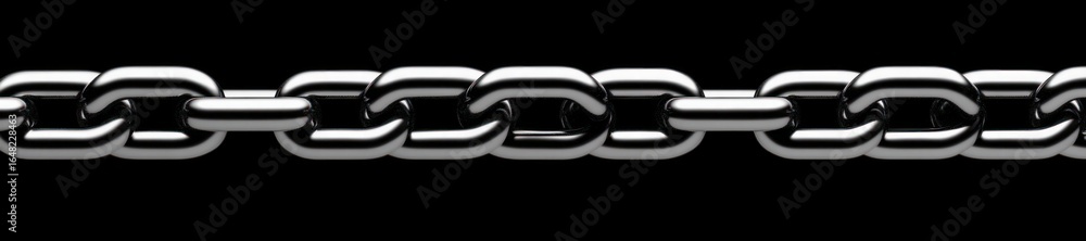 Poster close-up view of a shiny metallic chain with interlocking links against a black background, symboliz