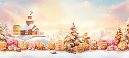 christmas tree in the city, Christmas house in the forest with candies and winter holiday ornaments santa gingerbread house on the snow generated ai
