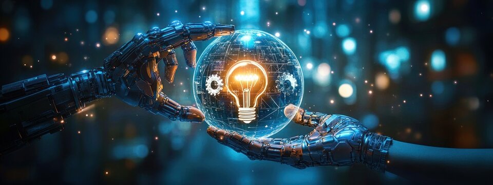 Two highly detailed metallic robotic hands delicately holding a glowing globe with a bright light bulb and gear symbols inside, set against a futuristic blurred background