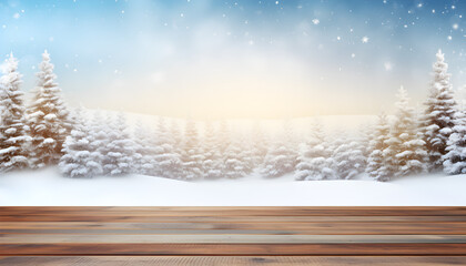 christmas tree on snow, Empty wooden table against snowy landscape with fir trees in the forest at sunset background
