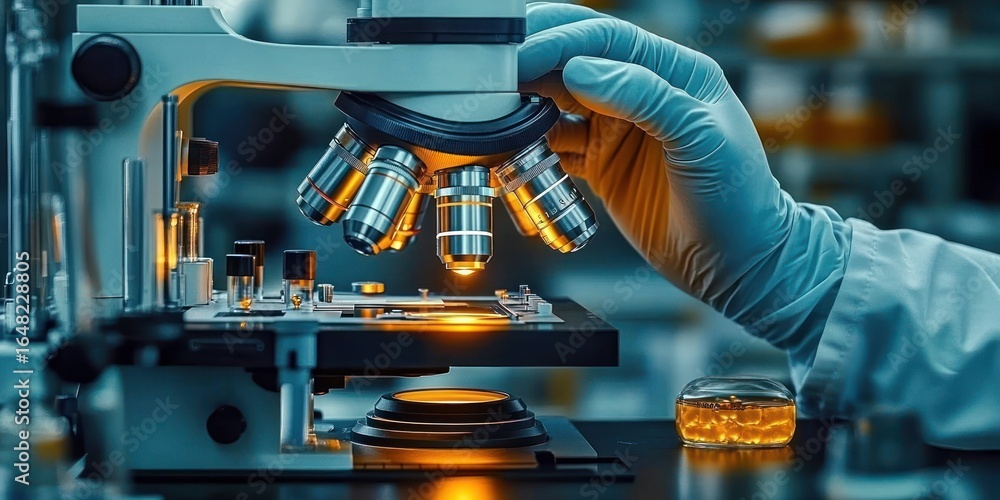 Poster scientist wearing blue gloves adjusting a modern microscope with multiple lenses in a laboratory set